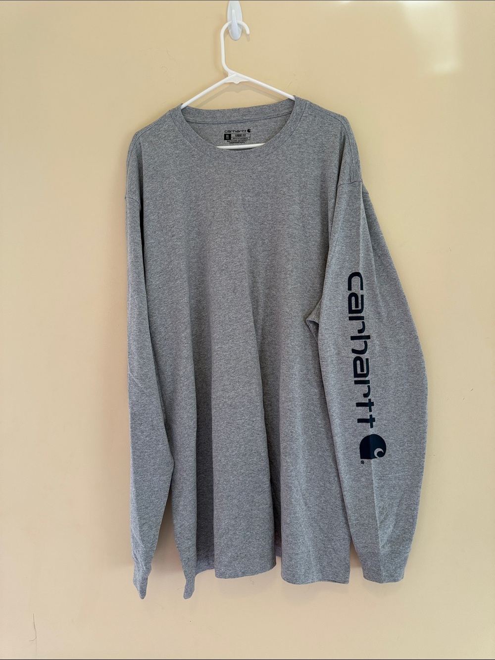Carhartt Gray Long Sleeve Tee with Navy Sleeve Logo Size XL